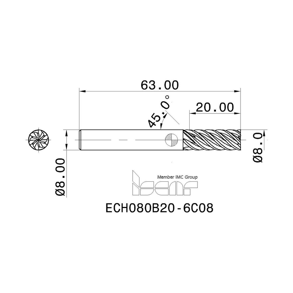 Iscar Square End Mill 8 mm Dia, 20 mm LOC, 6 Flute, Solid Carbide