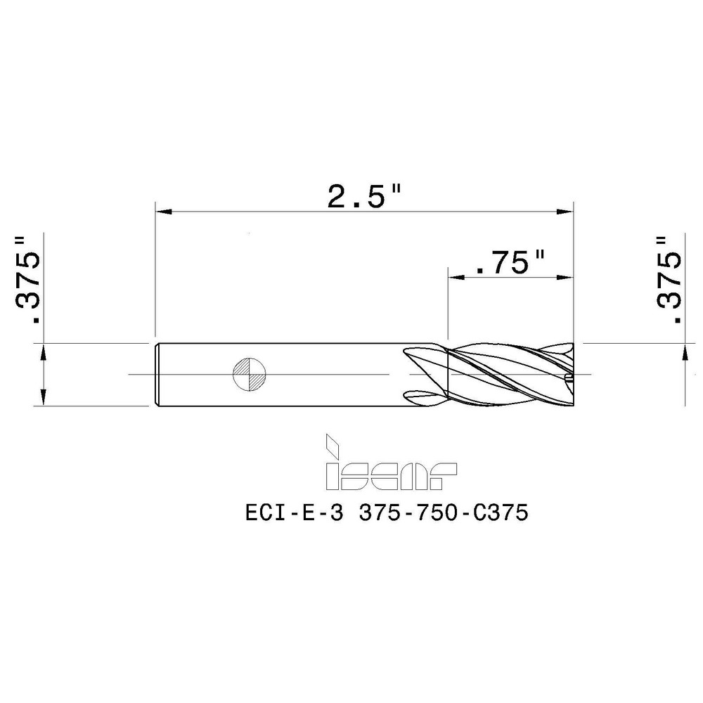 Iscar Square End Mill 3/8" Dia, 3/4" LOC, 3 Flute, Solid Carbide