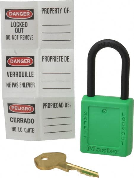 Master Lock 406GRN Lockout Padlock: Keyed Different, Key Retaining, Thermoplastic, Plastic Shackle, Green 