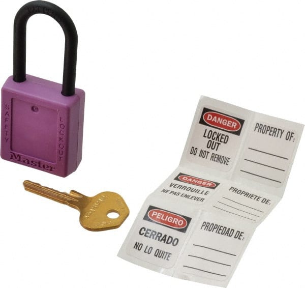 Master Lock 406KAPRP605F155 Lockout Padlock: Keyed Alike, Key Retaining, Thermoplastic, Plastic Shackle, Purple 
