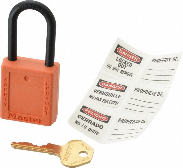 Lockout Padlock: Keyed Different, Thermoplastic, Plastic Shackle, Orange - 1/4" Shackle Dia, 1-3/4" Body Height, Non-Conductive, 6 Pin, English