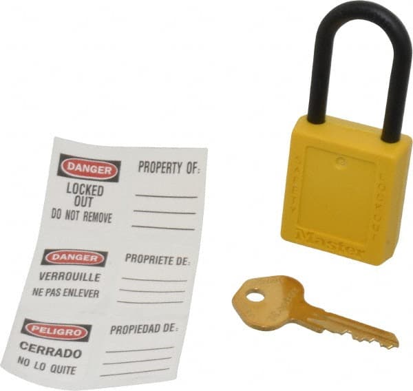 Master Lock 406YLW Lockout Padlock: Keyed Different, Key Retaining, Thermoplastic, Plastic Shackle, Yellow 