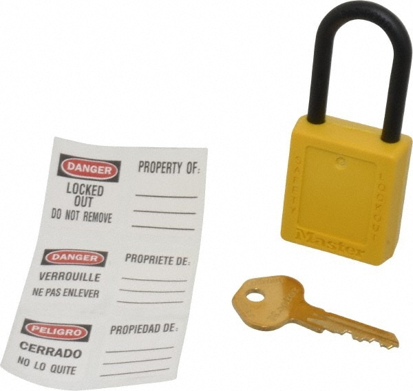 Master Lock 406YLW Lockout Padlock: Keyed Different, Key Retaining, Thermoplastic, Plastic Shackle, Yellow Image