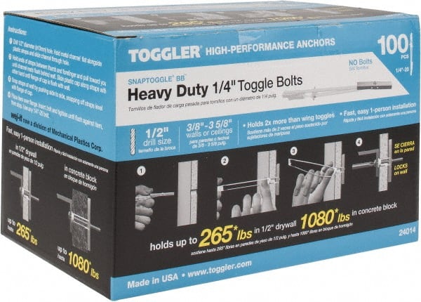 Toggler 24014 1/2" Diam x 6-1/4" OAL, 1/4" Screw, Steel Toggle Bolt Drywall & Hollow Wall Anchor 