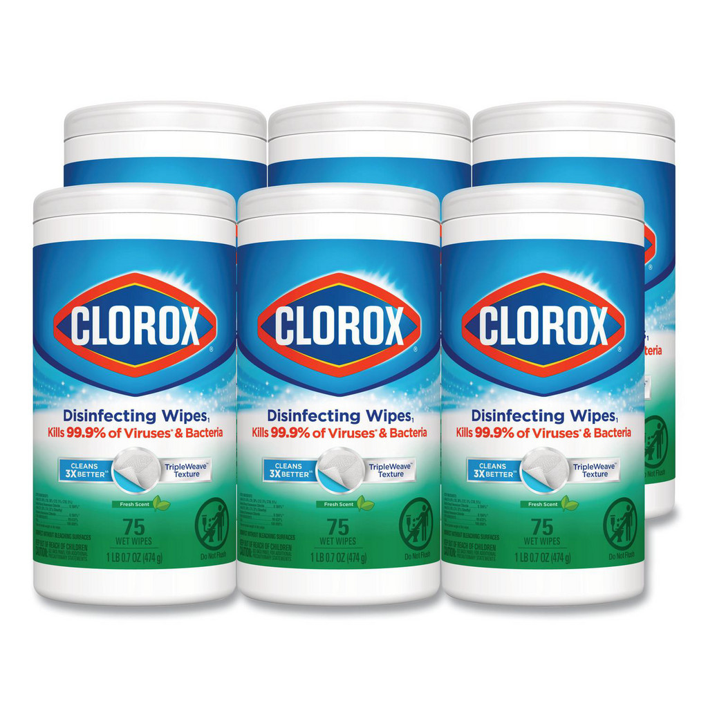 Clorox Disinfecting Wipes, Bleach Free Cleaning Wipes, 1-Ply, 7" x 8", Fresh Scent, White - 75 Sheets/Canister, 6 Canisters/Carton | Part #CLO01656
