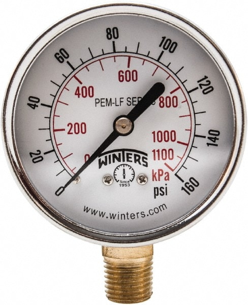 Pressure Gauge: 2-1/2" Dial, 0 to 160 psi, 1/4" Thread, NPT, Lower Mount