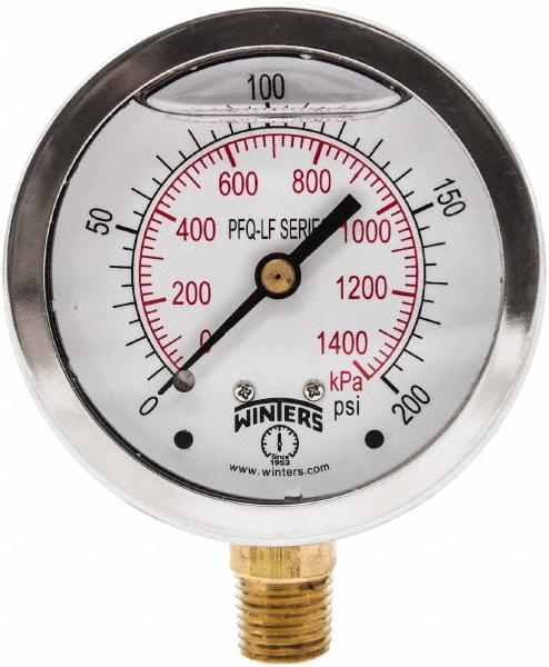 Winters Pressure Gauge: 2-1/2" Dial Dia, 0 Min psi, 200 Max psi, 1/4", NPT, Lower Mount - Stainless Steel Case, Stainless Steel Case, 1.5% Accuracy
