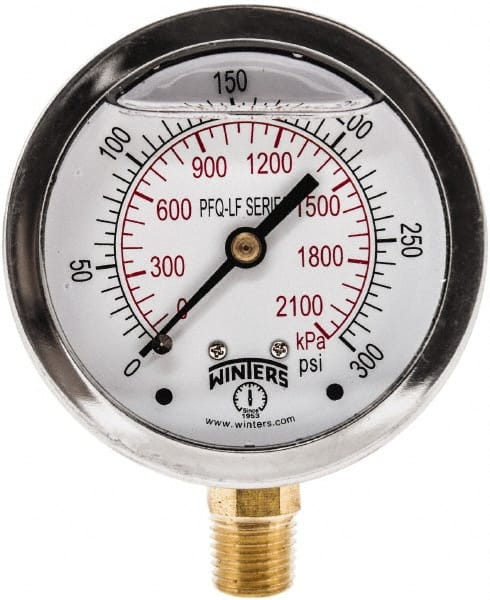 Winters PFQ807LF Pressure Gauge: 2-1/2" Dial, 0 to 300 psi, 1/4" Thread, NPT, Lower Mount 
