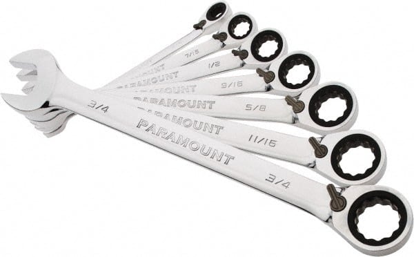 Paramount PAR-7PCSB5R-IN Reversible Ratcheting Combination Wrench Set: 7 Pc, 1/2" 11/16" 3/4" 3/8" 5/8" 7/16" & 9/16" Wrench, Inch 