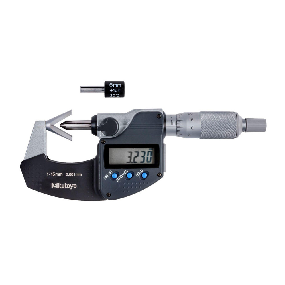 V-Anvil Micrometers: Minimum Measurement (Decimal Inch): 0; Maximum Measurement (mm): 15; Operation Type: Electronic; Thimble Type: Plain