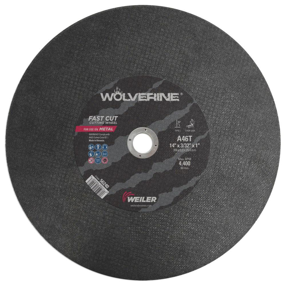 Cutoff Wheel: Type 1 (01/41), 14" Dia, 3/32" Thick, 1" Hole, Aluminum Oxide - 46 Grit, 4400 Max RPM, Reinforced