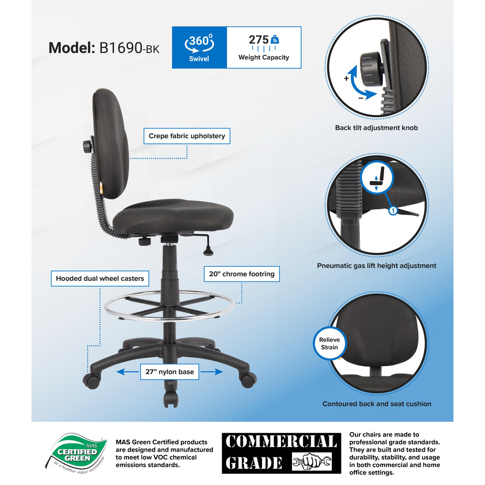 Boss Office Products Stand Up Drafting Stool with Foot Rest 261/2