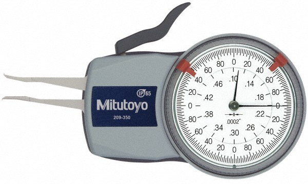 Mitutoyo 0.1 to 1/2" Inside Dial Caliper Gage - 0.0002" Graduation, 0.0008" Accuracy, 0.47" Leg Length, 0.027" Deep x 0.023" Wide Groove, Chisel