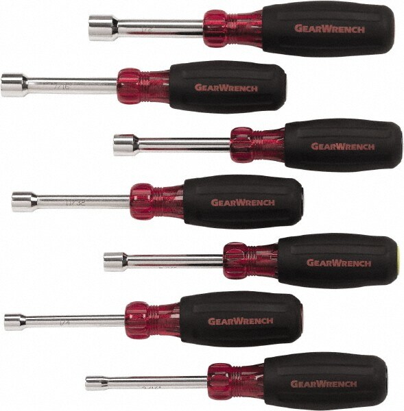 Nut Driver Set: 7 Pc, 3/16 to 1/2", Hollow Shaft, Ergonomic Handle