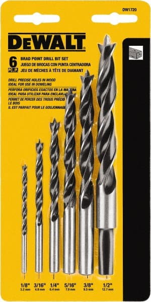 Dewalt DW1720 Drill Bit Set: Brad-Point, 6 Pc, 0.125" to 0.5" Drill Bit Size, 118 °, High Speed Steel 