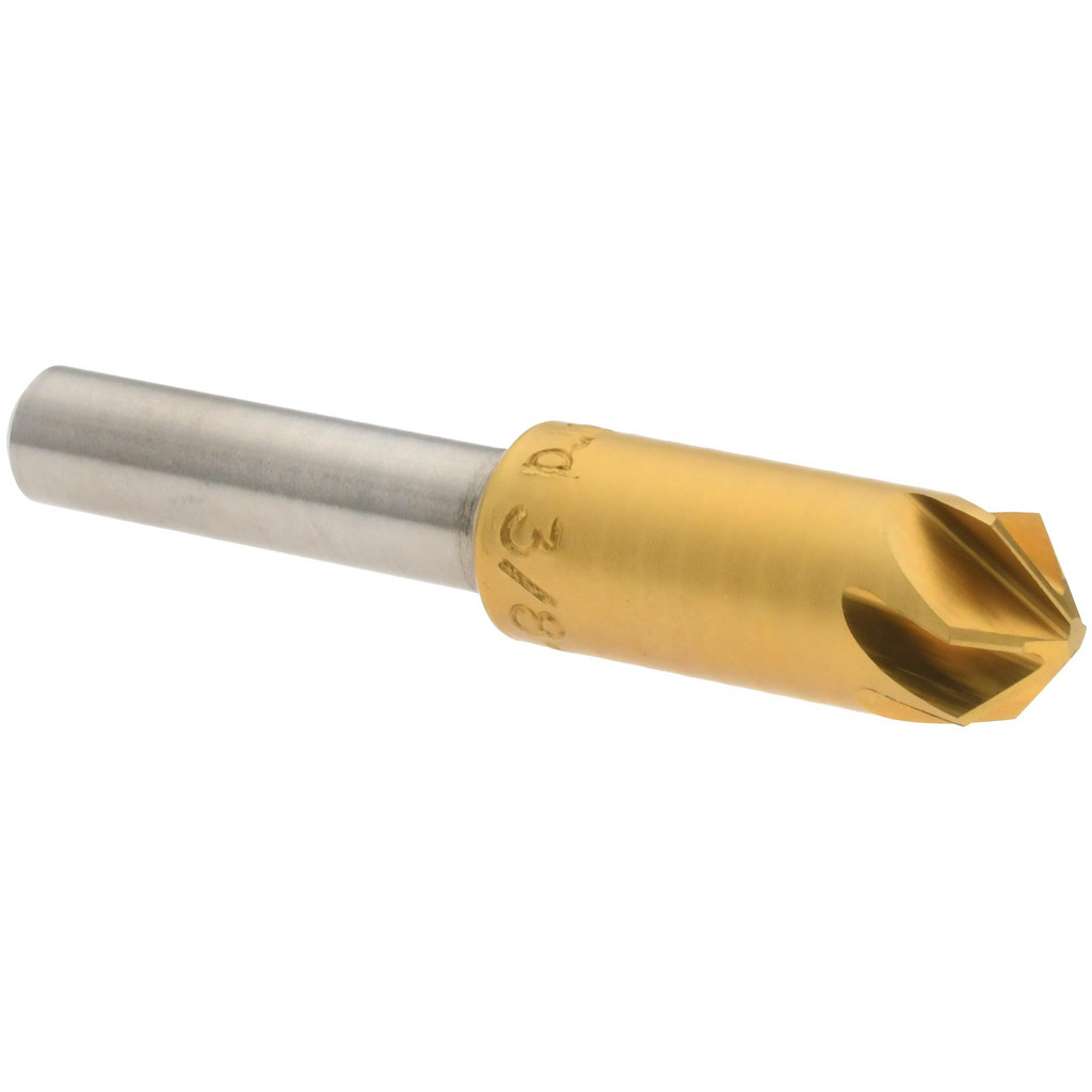M.A. Ford® Countersink: 3/8" Head Dia, 100 deg Included Angle, 6 Flute, High-Speed Steel, Right Hand Cut - 1/4" Shank Dia, 2" OAL, TiN Finish