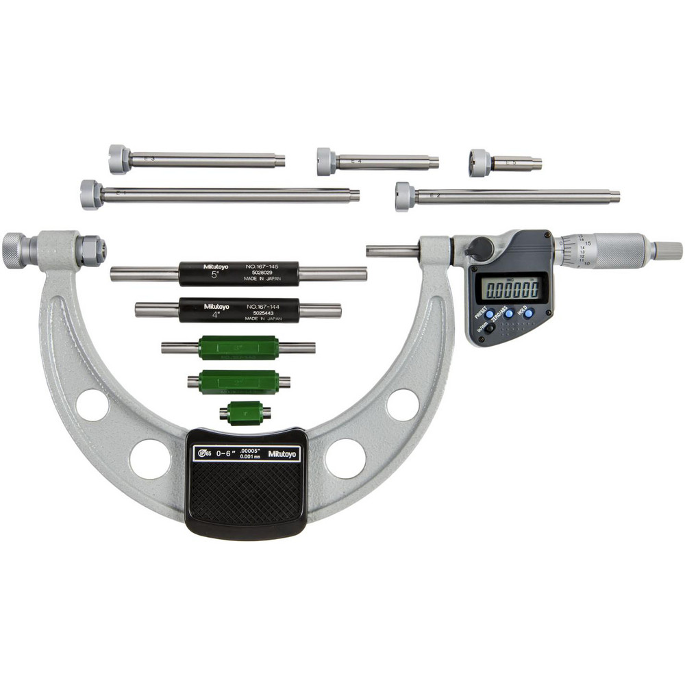 Electronic Interchangeable Anvil Micrometer: 152.4 mm Range, 6 Anvils - 0.00016 + 0.00004 (L/3)" Accuracy, Ratchet Stop Thimble
