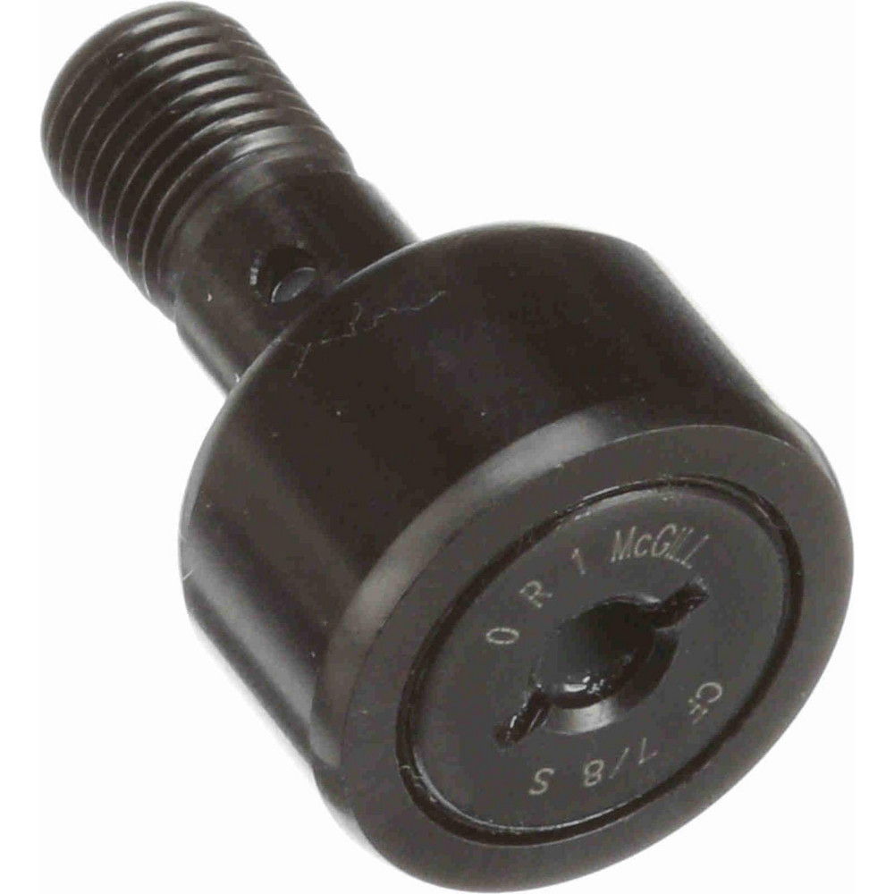 Plain Cam Follower: 0.875" Roller Dia, 0.5" Roller Width, 0.375" Stud Dia, 7/8" Stud Length - 3/8-24 Thread Size, 3/8" Thread Length, 1,660 lb Dynamic Load, 2,065 & 9,185 lb Static Load, Steel Roller