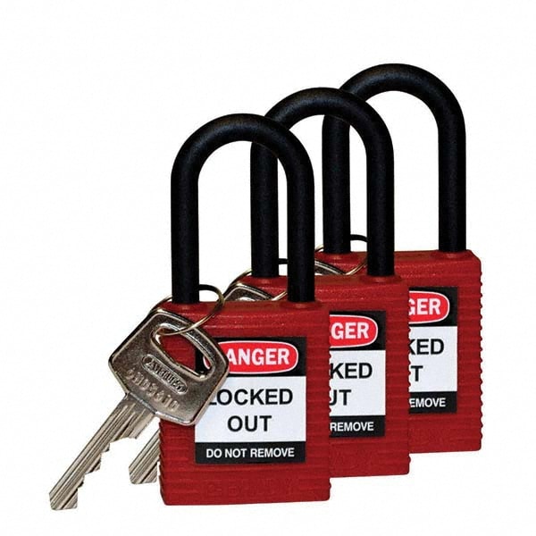 Lockout Padlock: Keyed Alike, Key Retaining, Nylon, Nylon Shackle, Red