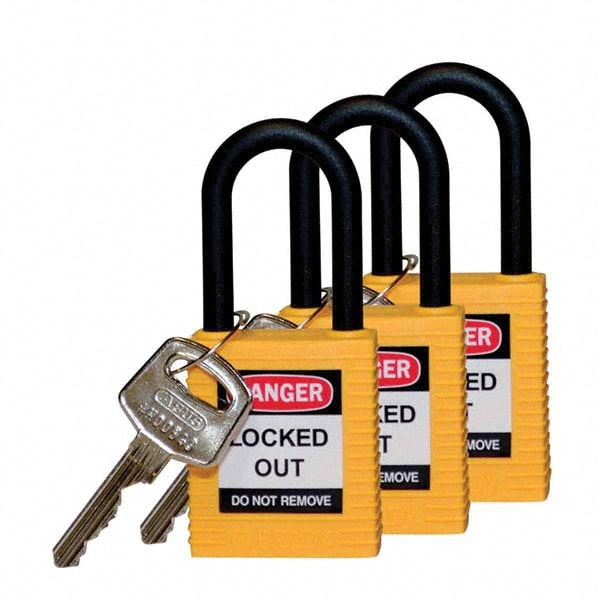 Lockout Padlock: Keyed Alike, Key Retaining, Nylon, Nylon Shackle, Yellow