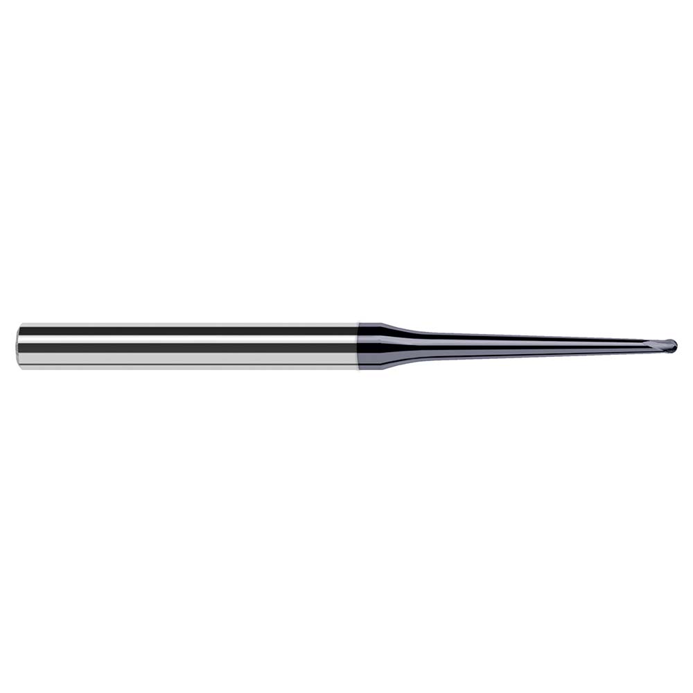 Harvey Tool Ball End Mill: 3/64" Dia, 0.0380" LOC, 2 Flute, Solid Carbide - 2-1/2" OAL, 1/4" Shank Dia, 20 deg Helix, AlTiN Nano Finish, Single End