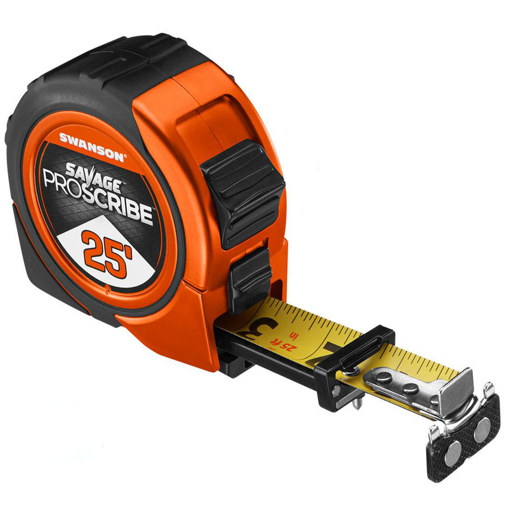 Tape Measure: 25' Long, 1" Width, Yellow Blade - 1/16" Graduation, Inch Graduation, Black & Orange Case