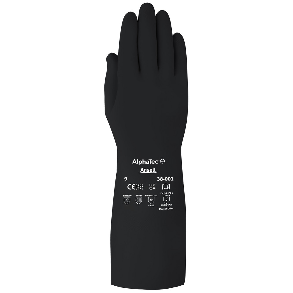 Chemical Resistant Gloves: AlphaTEC&trade; 38-001, Size X-Large, 14.0000 mil, Butyl-Coated, Water Based Butyl, Unsupported, General Purpose Chemical Resistant Gloves - Black, 14" OAL, Raised Diamond Grip, Left Hand & Right Hand, }