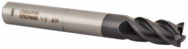12183574 Corner Radius End Mill: 1/2" Dia, 1" LOC, 0.02" Radius, 4 Flutes, Solid Carbide  