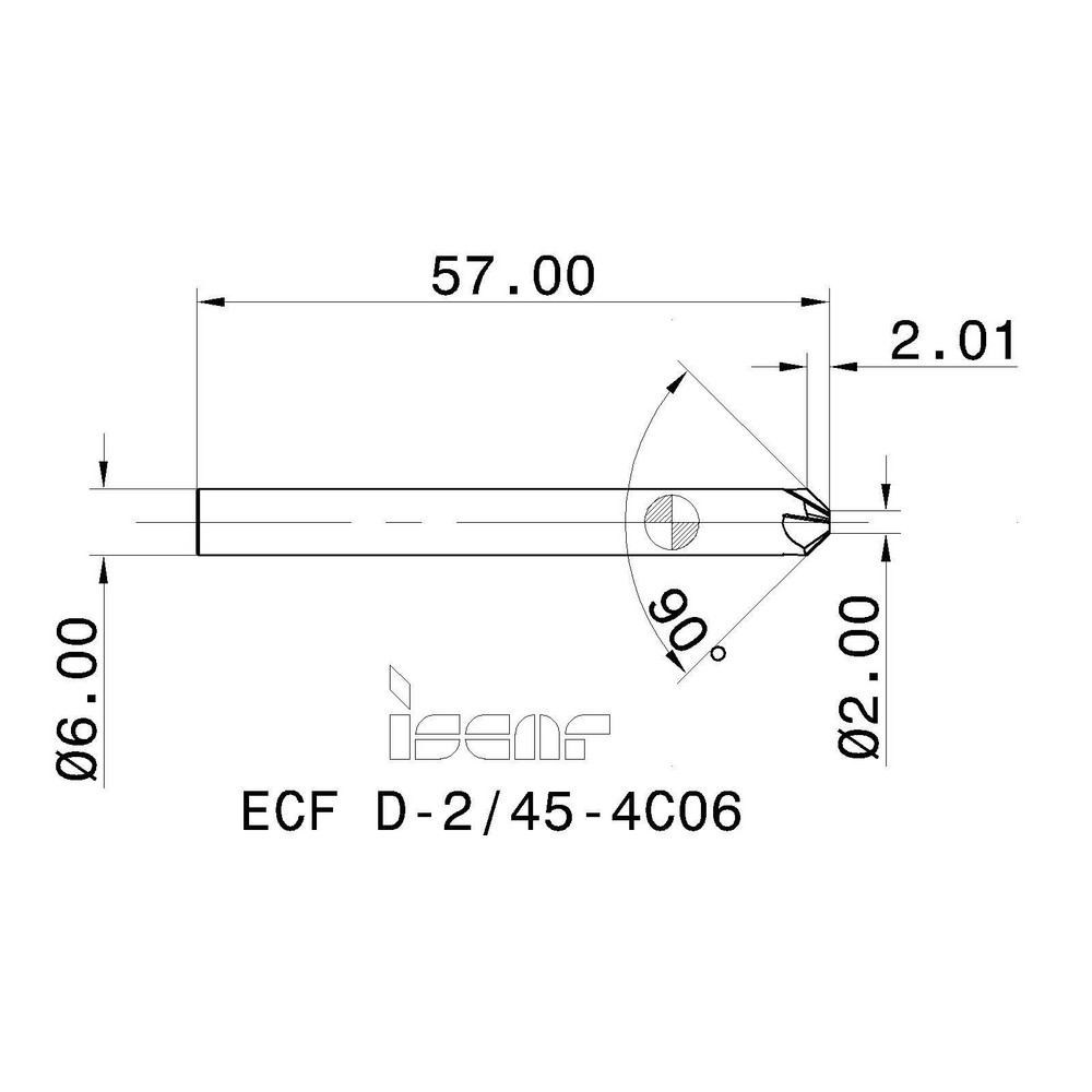 Iscar Chamfer Mill 2.00 mm Dia, 6 mm Shank Dia, 4 Flute, Solid