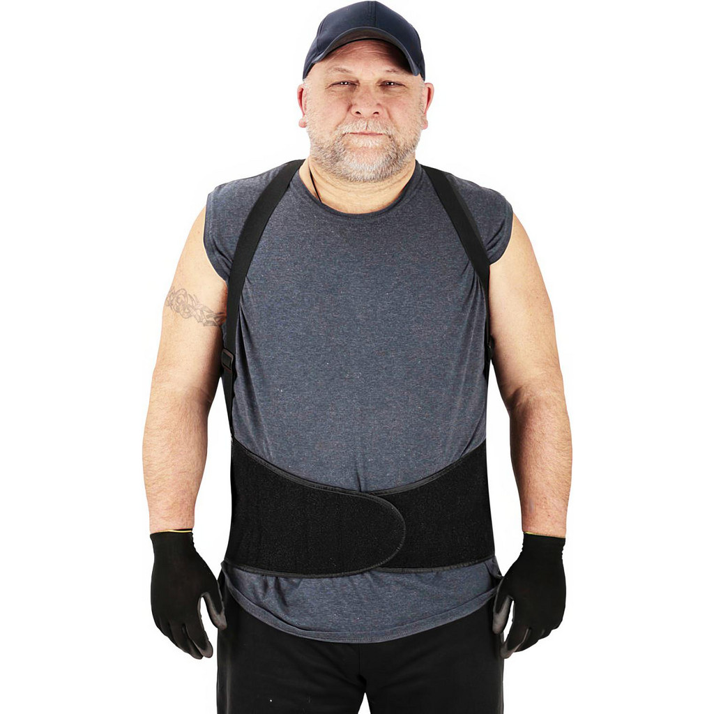 PRO-SAFE Back Support: Belt w/ Adjustable Shoulder Straps, Small, 26 to 36" Waist, 9" Belt Width - Hook & Loop Closure, Elastic Nylon, Black