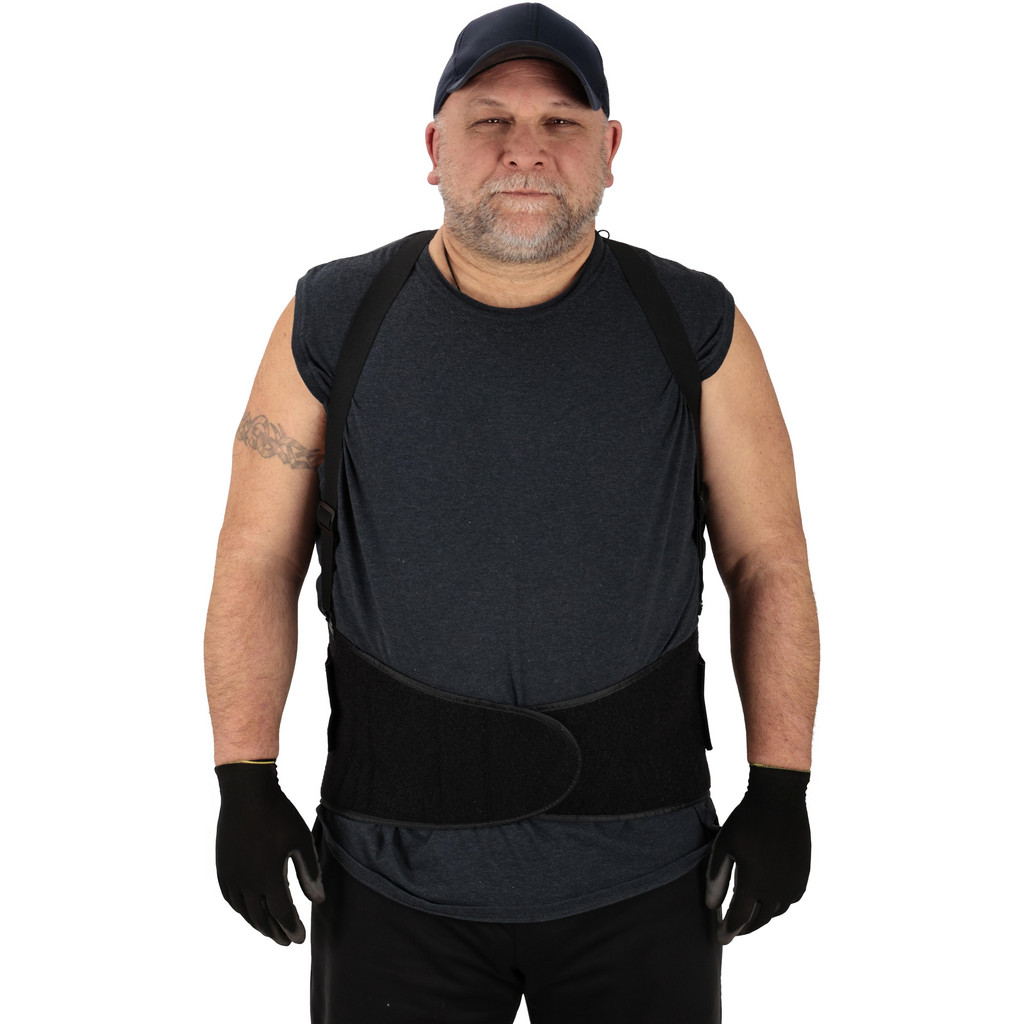 PRO-SAFE Back Support: Belt w/ Adjustable Shoulder Straps, Medium, 36 to 48" Waist, 9" Belt Width - Hook & Loop Closure, Elastic Nylon, Black