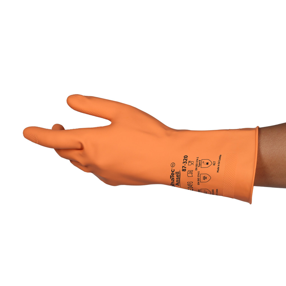 Chemical Resistant Gloves: AlphaTEC&trade; 87-320, Size Small, Natural Rubber Latex-Coated, Natural Rubber Latex, Unsupported, General Purpose Chemical Resistant Gloves - Orange, 11-7/8" OAL, Reversed Lozenge Grip, Pair, }