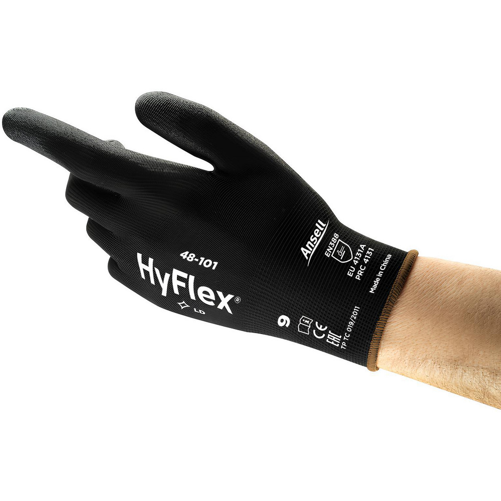 Work Gloves: HyFlex® 48-101, Polyurethane-Coated Nylon, General Purpose - Black, Nylon Lined, Smooth Grip, Pair