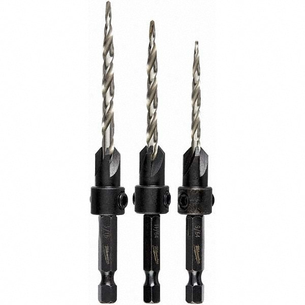 Countersink Set: 3 Pc, 1/8 to 1/4" Head Dia, 1 Flute