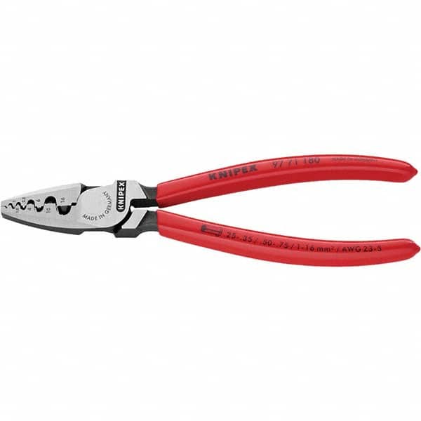 Knipex 97 71 180 Crimpers; Crimper Type: Crimping Plier ; Maximum Wire Gauge: 6AWG ; Terminal Type: Various ; Features: Easy Crimping Due to Optimised Transmission Ratio; Light & Slim Design; Special Tool Steel, Forged, Oil-Hardened; VDE Version 