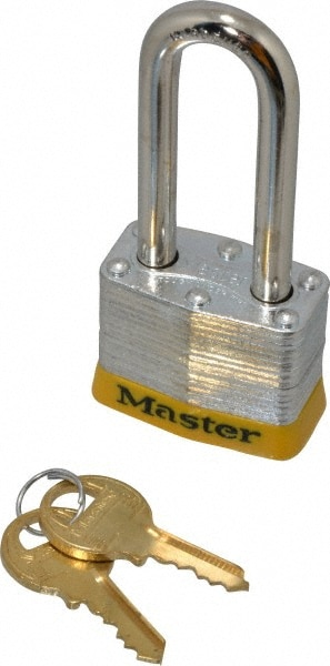 Master Lock 3LHYLW Lockout Padlock: Keyed Different, Laminated Steel, 2" High, Steel Shackle, Yellow Image