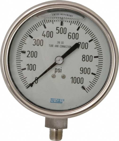 Wika 9832445 Pressure Gauge: 4" Dial, 1/4" Thread, Lower Mount Image