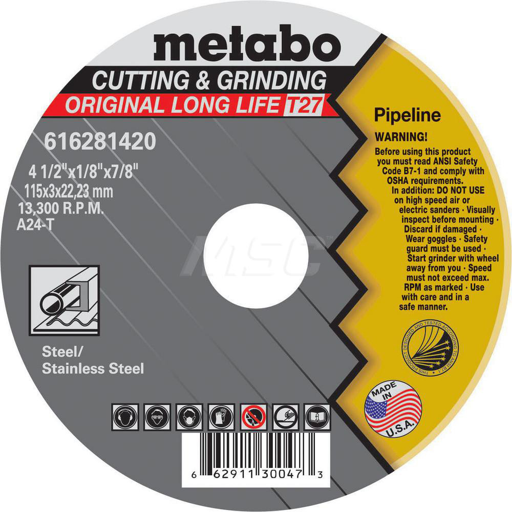 Depressed-Center Wheel: Type 27, 4-1/2" Dia, 1/8" Thick, 7/8" Hole, Aluminum Oxide - 24 Grit, Resinoid Bond, 13300 Max RPM