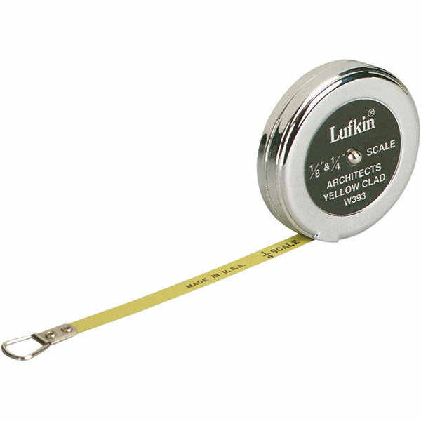 Tape Measure: 5' Long, 1/4" Width, Yellow Blade - 1/4 & 1/8" Graduation, A18 Graduation