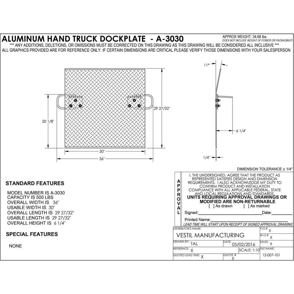 Vestil Dock Plate & Board Accessories; Type Dockplates; For Use With Two Wheel Hand Trucks