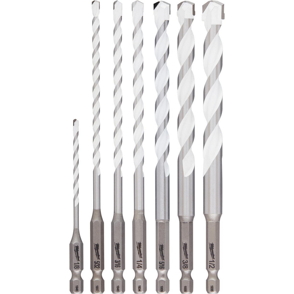 Milwaukee Tool 48-20-8899 Drill Bit Sets; Drill Bit Set Type: Hex Shank Drill Bits ; Tool Material: Bi-Metal; Carbide ; Shank Type: Hex Shank ; Coating/Finish: Silver ; Point Type: Standard; Straight ; Drill Bit Sizes Included (Inch): 1/8, 5/32, 3/16, 1/4, 5/16, 3/8, 1/2 