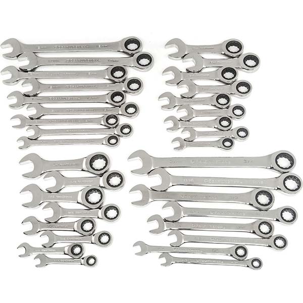 Combination Wrench Set: 34 Pc, 1/2 to 9/16" Wrench, Inch & Metric - 15 deg Head Offset Angle, Chrome Finish, Ratcheting