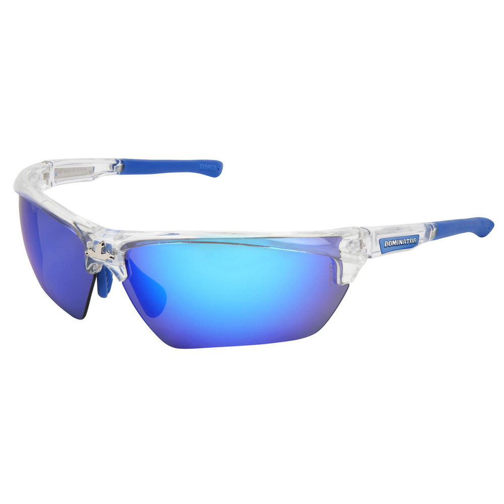 Safety Glasses: Anti-Fog, Polycarbonate, Blue Mirror Lenses, Full-Framed - Clear Frame, Non-Adjustable Temples, Series Dominator DM3, ANSI Z87.1+
