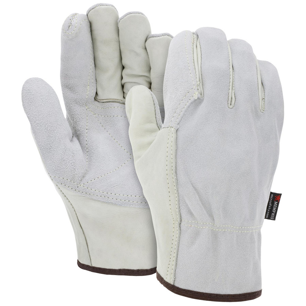 Size L Leather Work Gloves - For Work & Driver, Slip-On Cuff, Full Fingered, Beige/Brown, Paired