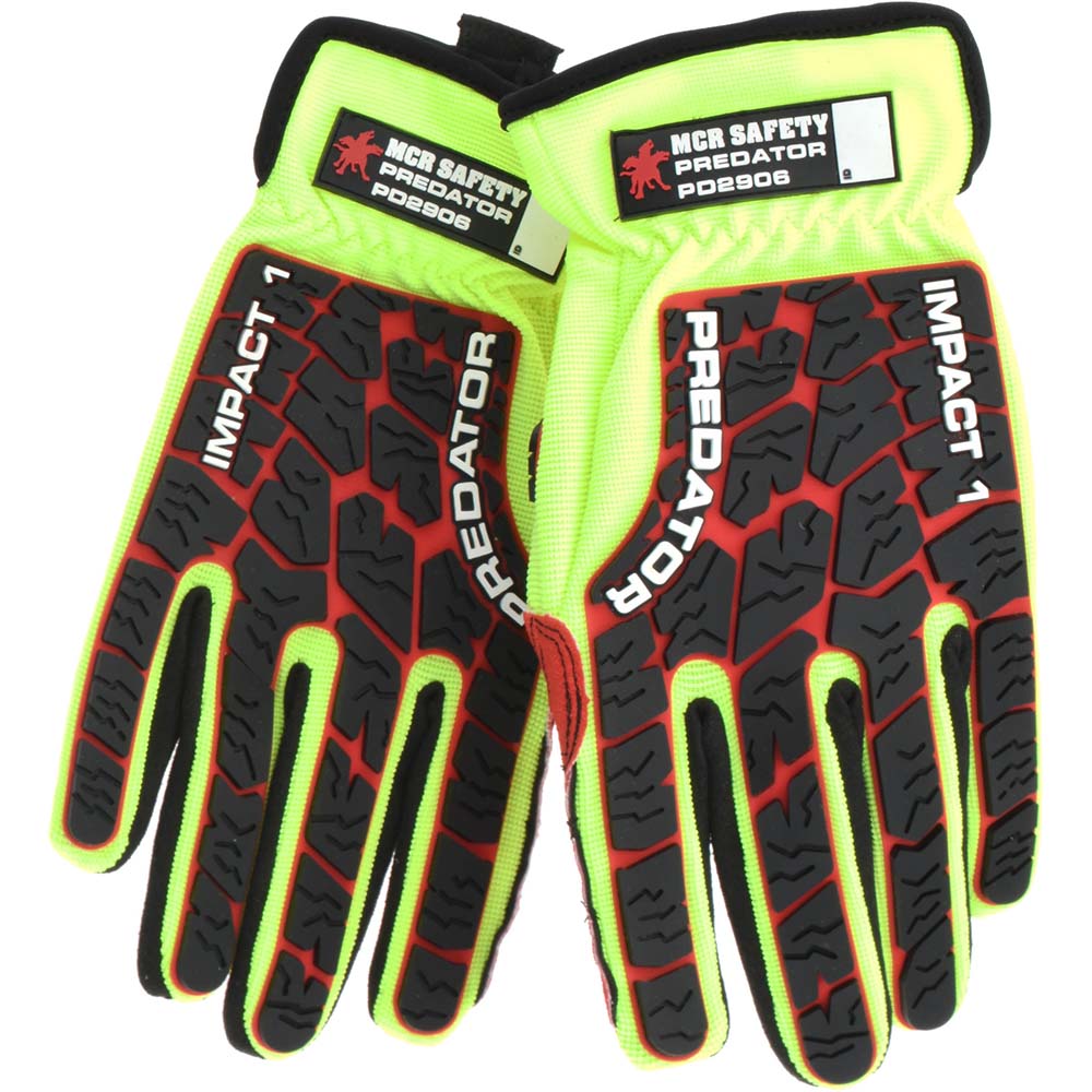 Work Gloves: MCR Safety PD2906, Size Small, PVC-Coated Synthetic Leather, Mechanic's & Lifting - Black, Lime & Red, Synthetic Leather Lined, Textured Grip, Pair, High Visibility     Lint Free