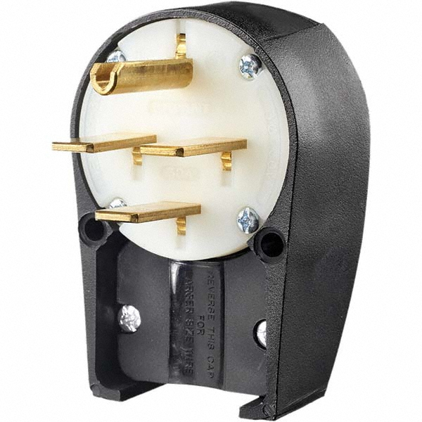 Straight Blade Plug: Industrial, 15-30P, 250VAC, Black & White - Angled, Self-Grounded, 30A, Composite Body, 3 Poles, 4 Wires