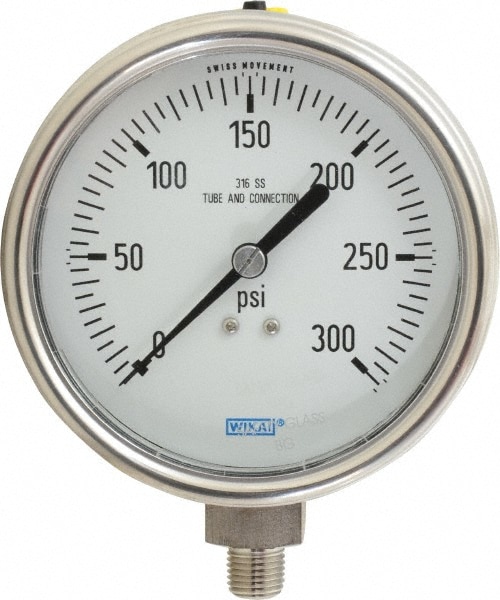 Wika 9745432 Pressure Gauge: 4" Dial, 0 to 300 psi, 1/4" Thread, NPT, Lower Mount Image