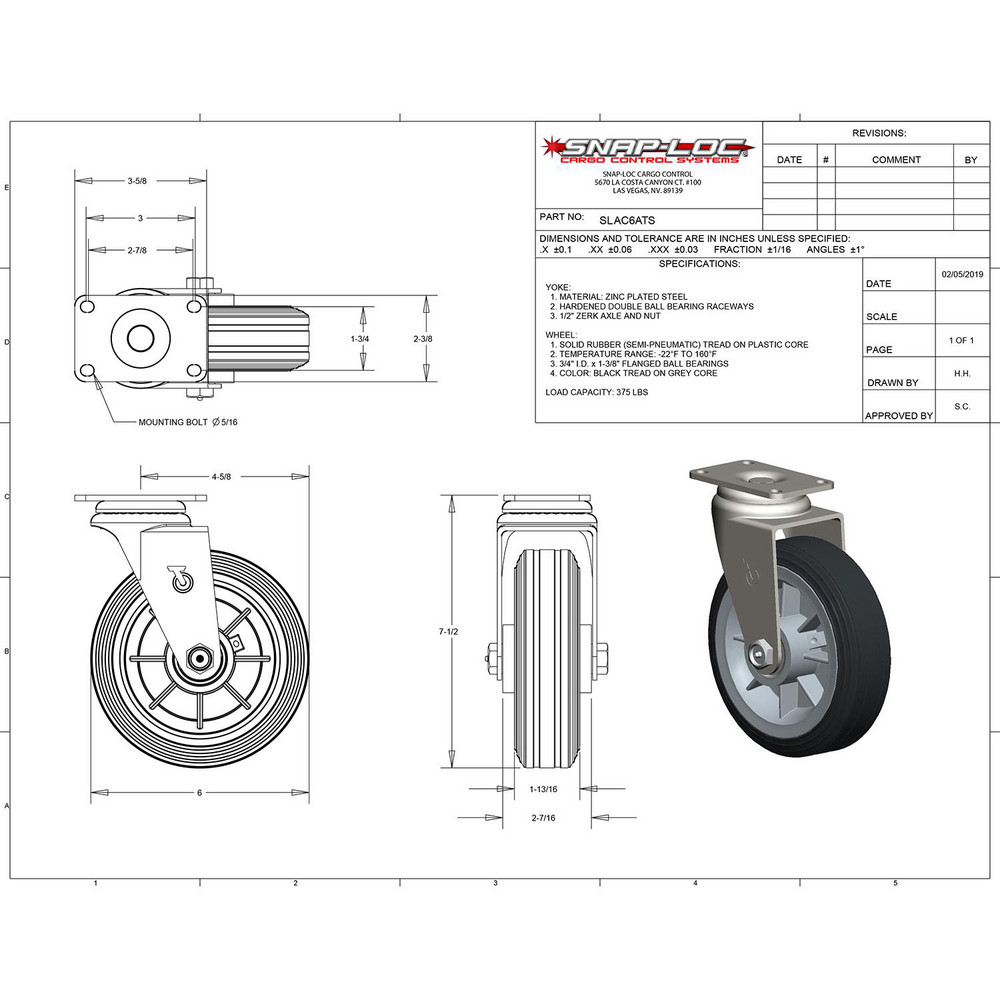 Snap Loc Rullers Snap-Loc - Swivel Caster: Solid Rubber, 1-1/4