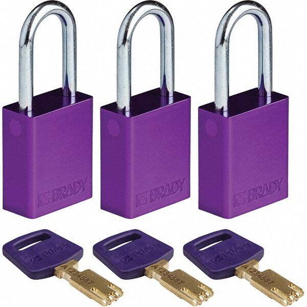 Lockout Padlock: Keyed Alike, Aluminum, Steel Shackle, Purple