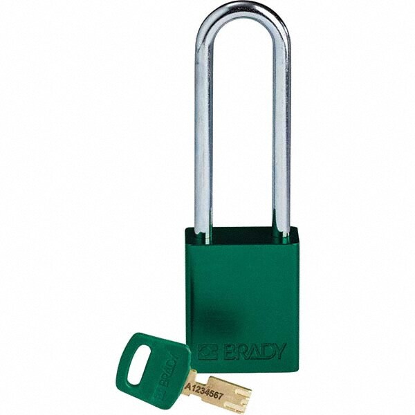 Lockout Padlock: Keyed Different, Aluminum, 3" High, Steel Shackle, Green